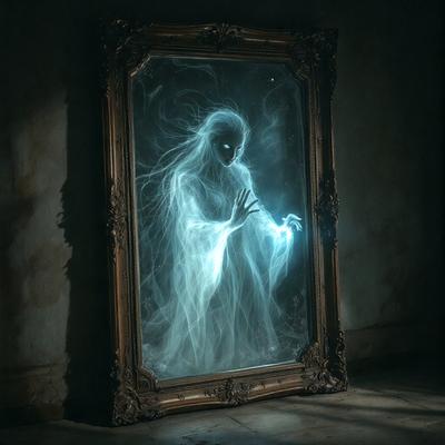 The primary subject of the image is a ghostly figure, which appears to be a woman, captured in a mirror. The setting is a dark room, and the visual style is a combination of a photo and digital art. The ghostly figure has a pale, translucent appearance, and the overall atmosphere is eerie and mysterious.